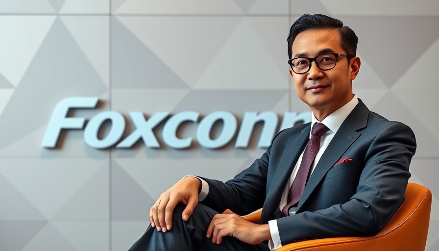 Foxconn executive seated confidently in front of logo wall, reflecting investment in Apple chips in India.