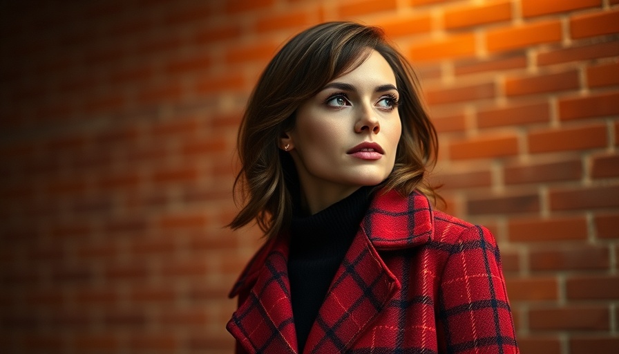 Stylish woman in red coat looking thoughtful against brick wall.