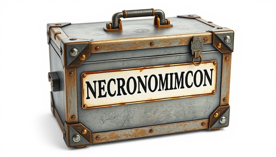 San Francisco art show resurrects lost books with an aged metallic box labeled 'Necronomicon'.