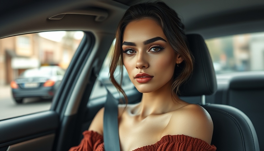 Mexican beauty influencer posing in car with elegant makeup.