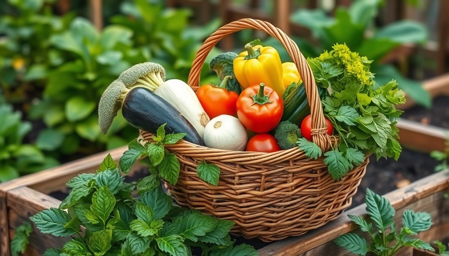 Fresh vegetables from vegetable gardening in wicker basket.