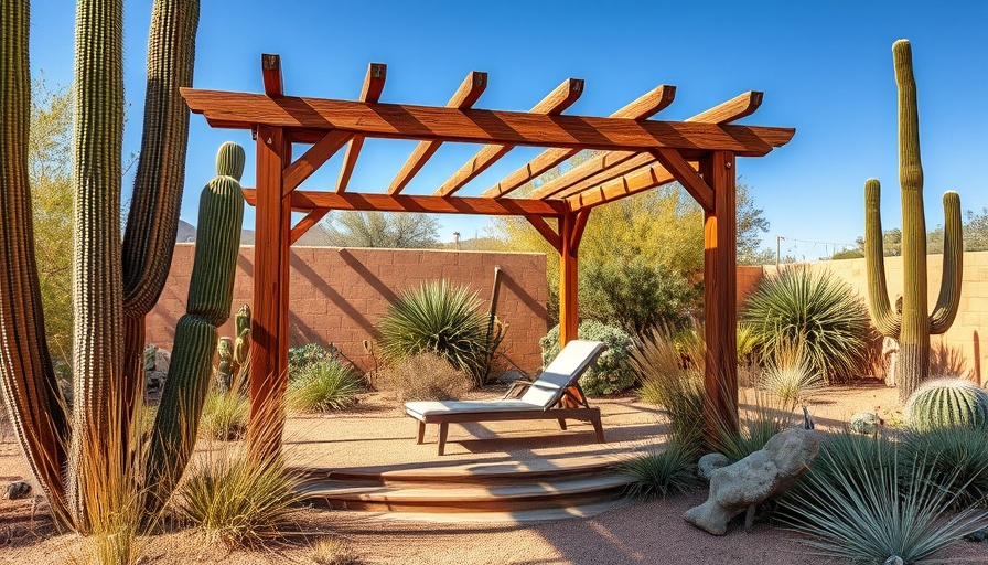 Desert-themed garden design in hot climates featuring cacti and pergola.