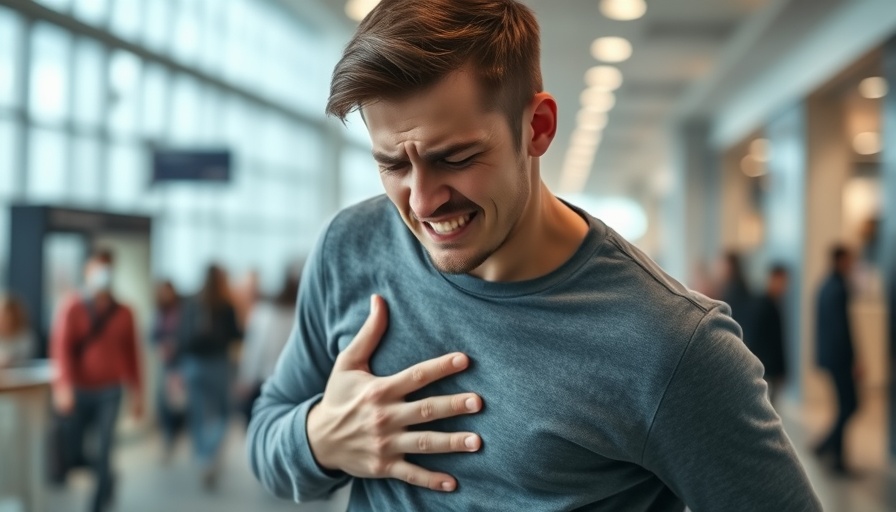 Young man clutching stomach, possible colorectal cancer before 50, indoors.