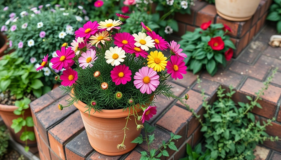 Potted cosmos flowers thriving in a garden container on brick steps.