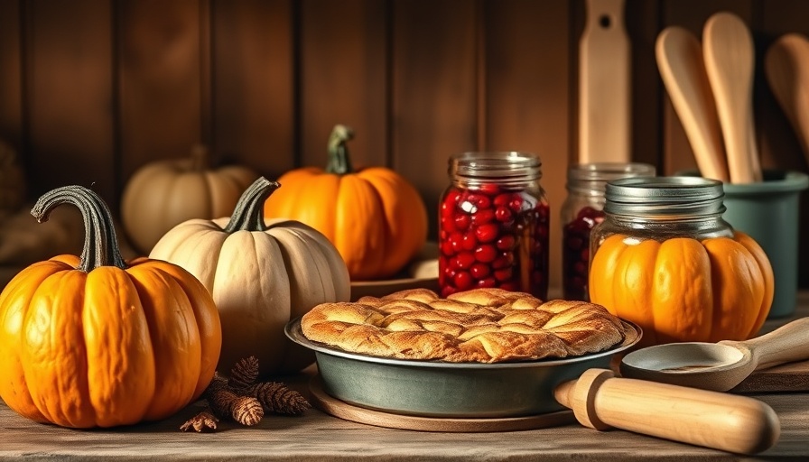 Autumn kitchen scene with pumpkins, pie, and cranberries, ideal for best pumpkins for pies.