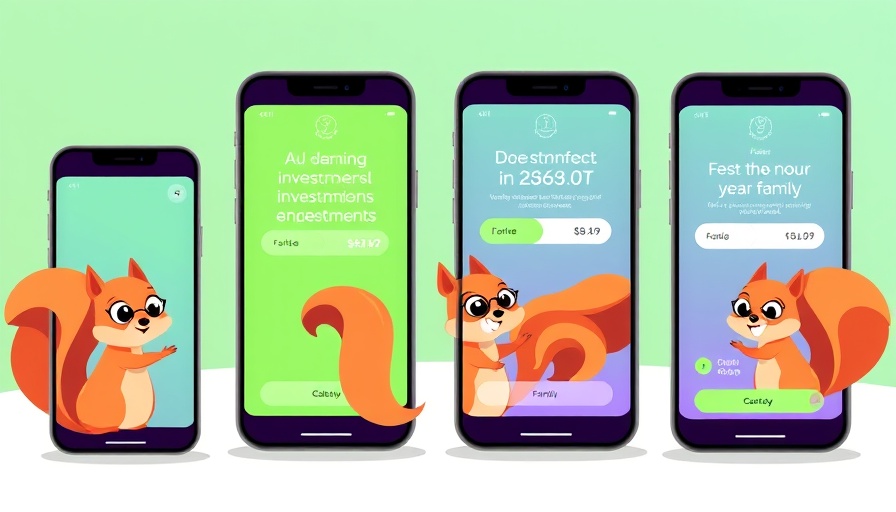 Family investment platforms display with mobile apps and squirrels.