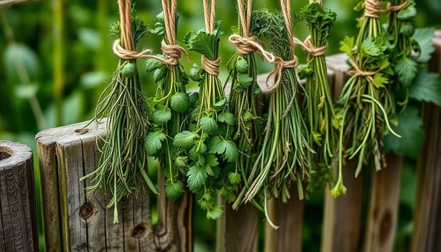 Bundles of herbs drying on a wooden fence in a garden.