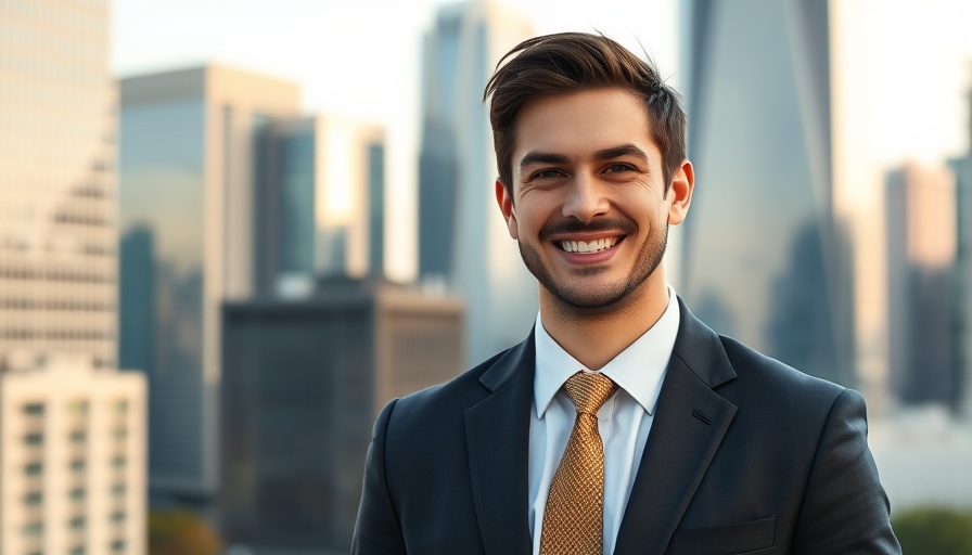 Confident young man, business startup ideas focus, urban backdrop.