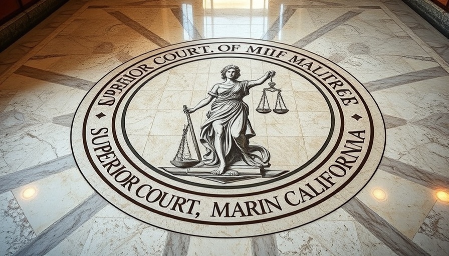 Marin County Superior Court floor seal in local news.