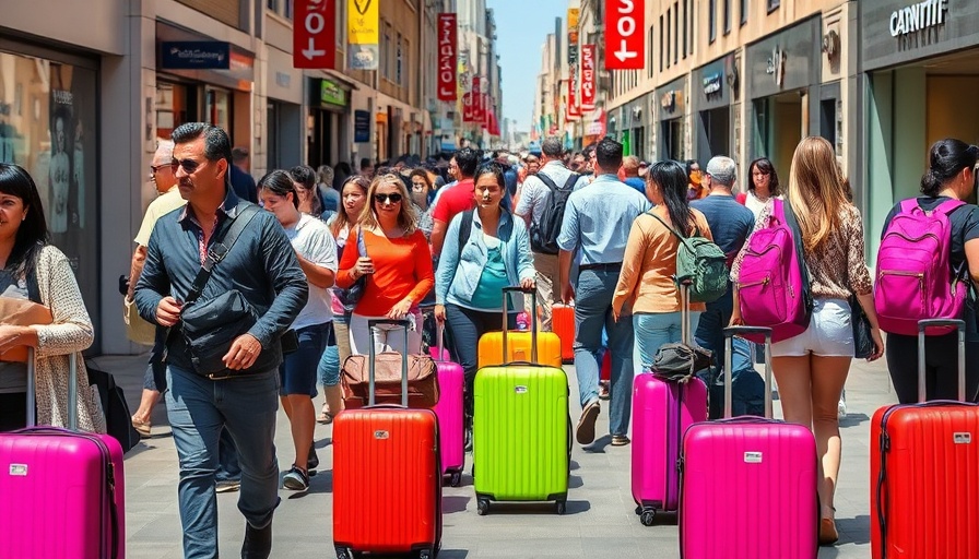 People with colorful luggage on busy street in EU mobility context.