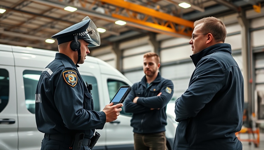 Police officer scanning van as men observe in UK returns hub.