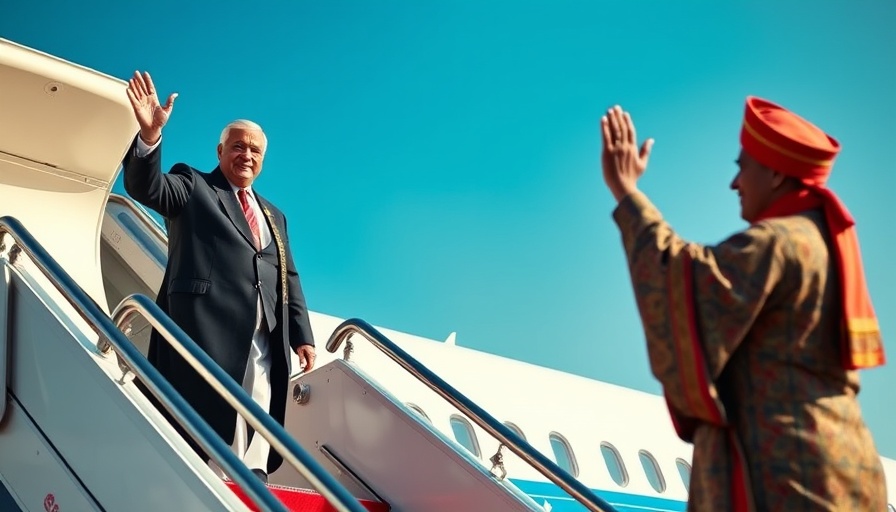 Leader greeting from aircraft during Gulf tour, diplomatic gestures.