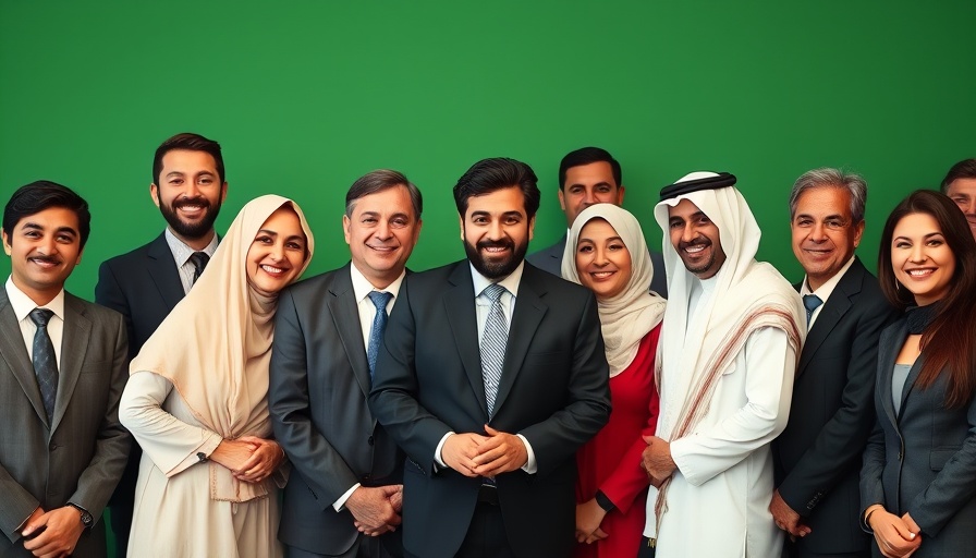Diverse group of executives in suits at a formal event, green backdrop.