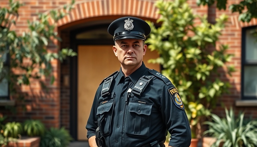 Police officer ensuring discourse safety outside a brick building.