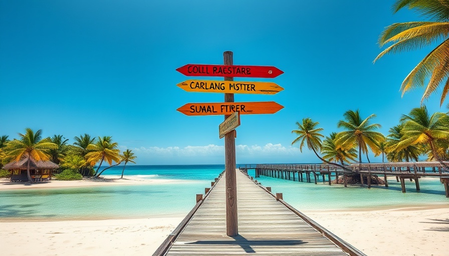 Tropical beach scene with signpost and pier; tax dodging themes.