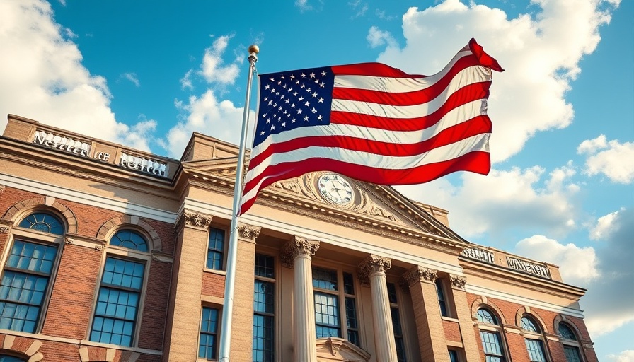 Northeastern University building with American flag, bright sky.
