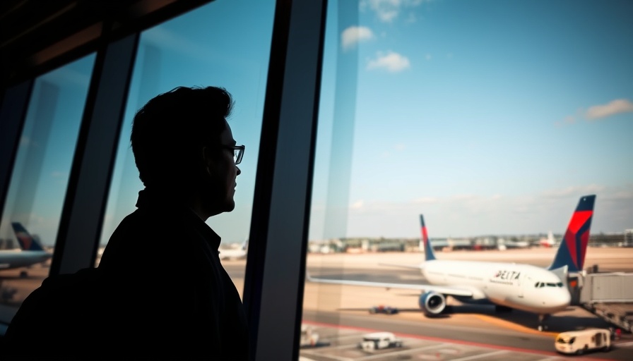 Delta Air Lines plane viewed through terminal window, emphasizing fare categories.