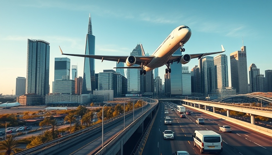 Airplane approaches city over bustling highway, business travel updates.