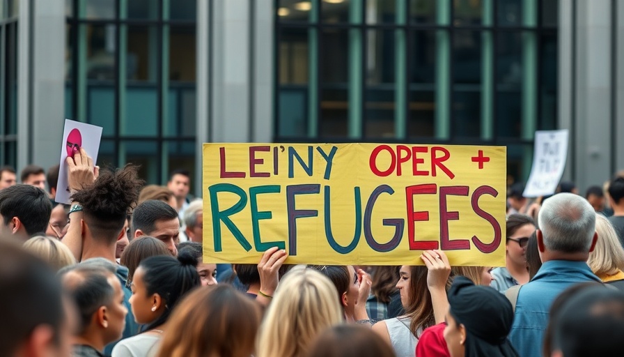 Diverse crowd with sign supporting refugee admissions.