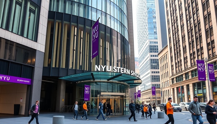 NYU Stern School of Business on a clear day with visible banners.