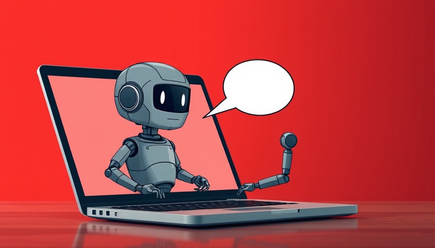 Illustration of robot on laptop screen with speech bubble on red background.