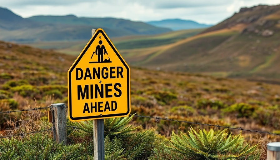 Vivid 'Danger Mines' sign in moorland, cautioning about minefield.