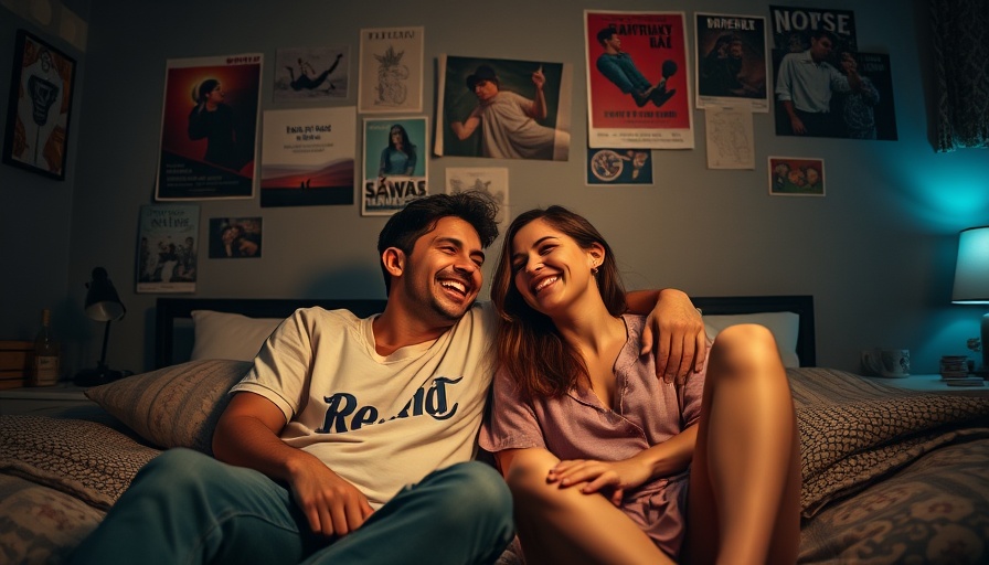 Young couple sharing a laugh in a cozy bedroom, watching a laptop.