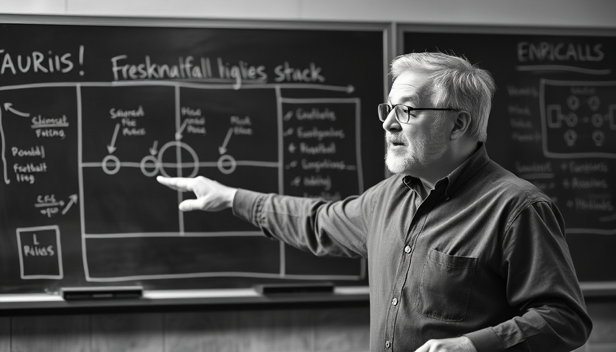 Middle-aged man instructing on chalkboard with football plays.