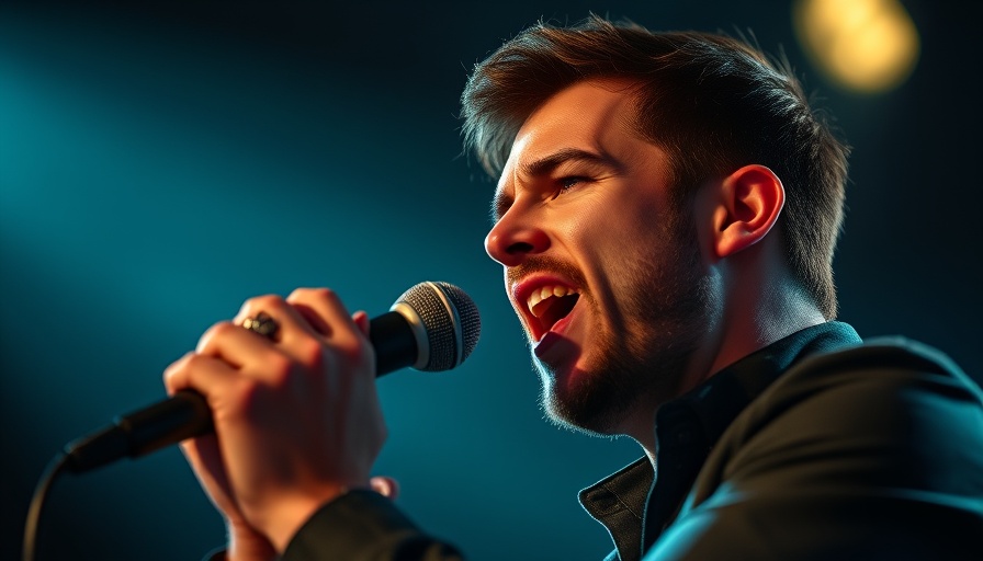 Live concert performer passionately singing under teal lights.