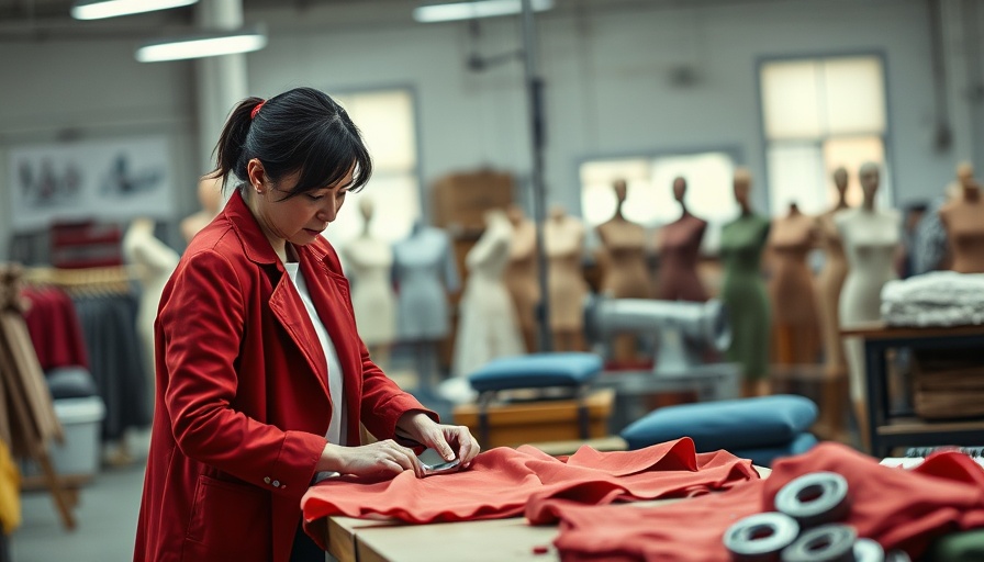 Worker in textile factory cutting fabric at Shein warehouse.