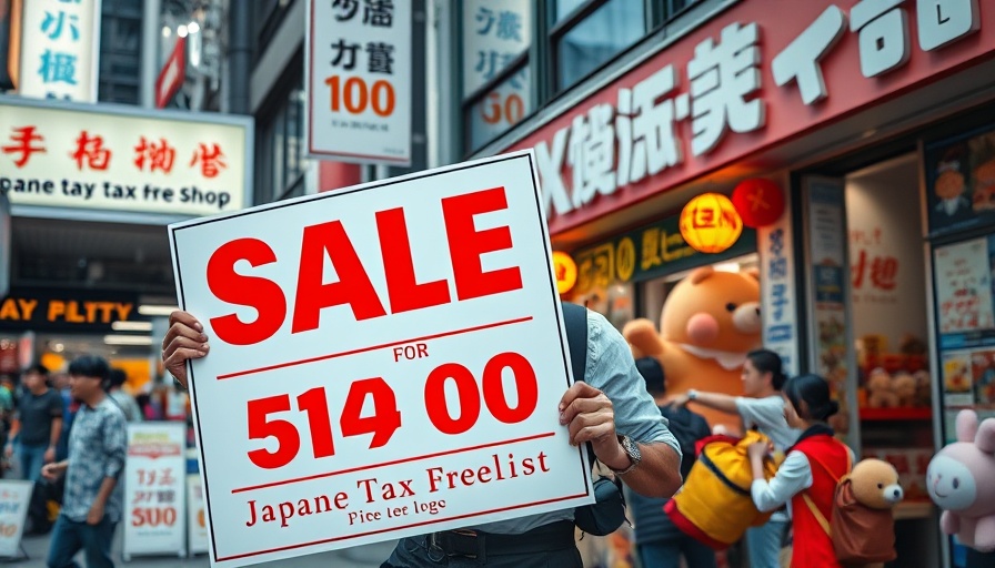 Urban retail worker holds sale sign at Japanese tax-free shop, exemplifying Japan economy tariff impacts.