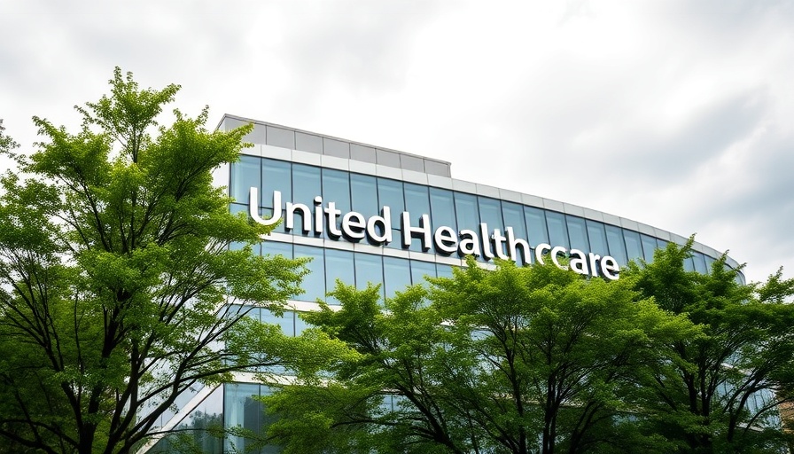 UnitedHealthcare building facade with logo on a cloudy day and trees.