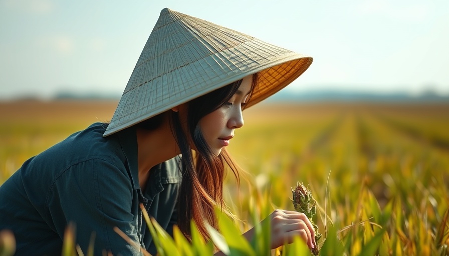 Indigenous woman in traditional attire tending a plant, illustrating bioeconomy.