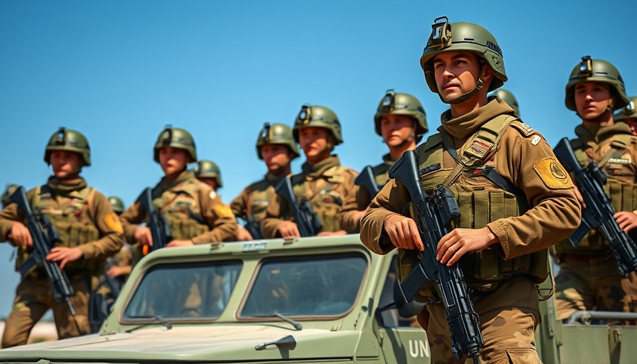 UN peacekeepers standing alert with vehicle and sky background