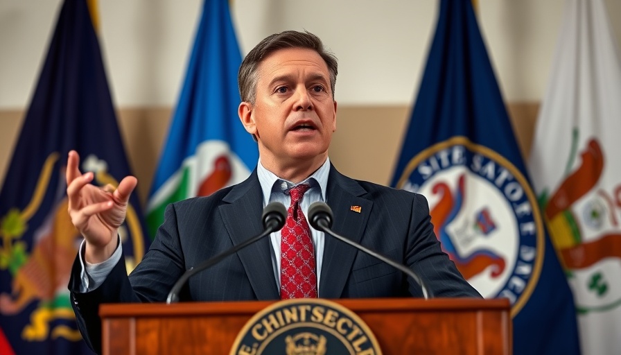 Local news: Speaker addressing audience with state flag in background.