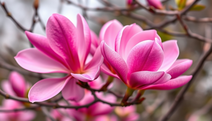 Vibrant pink magnolia blossoms in bloom, growing magnolia trees.