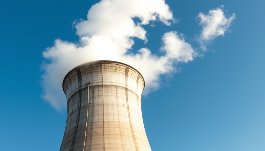 Cooling tower against blue sky, symbolizing nuclear energy investments.