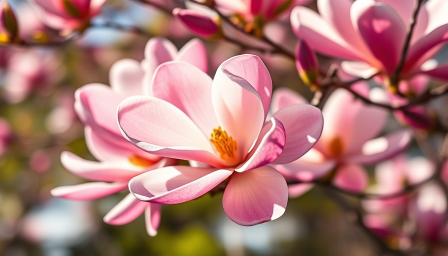 Close-up of blooming magnolias in natural sunlight.