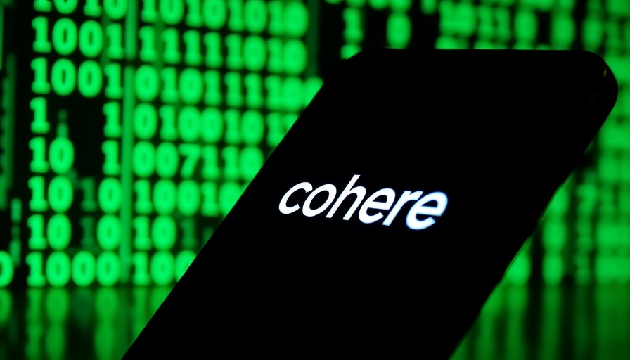 Cohere logo on smartphone with green digital code background.