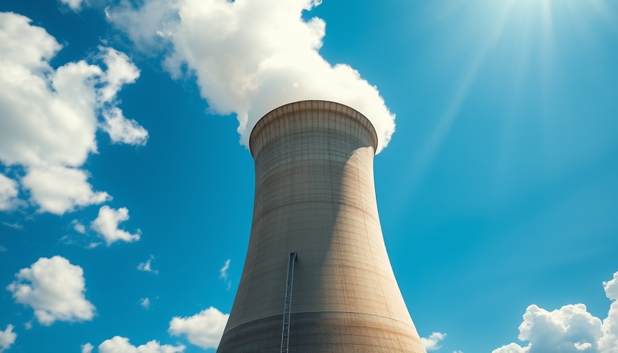 Towering industrial cooling tower releasing steam against the blue sky.