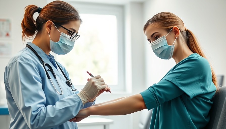 Healthcare worker prepares for blood test in clinical setting, masks worn.