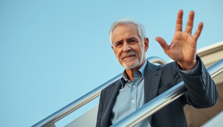 Distinguished older man waving while boarding airplane against clear sky.