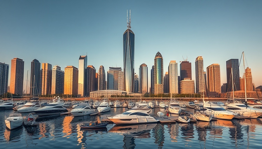 Luxurious yachts in a modern marina against a high-rise city skyline.