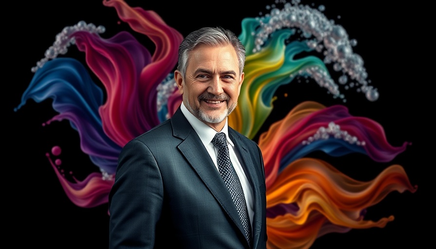 Confident mature man with abstract waves portrays business optimism.