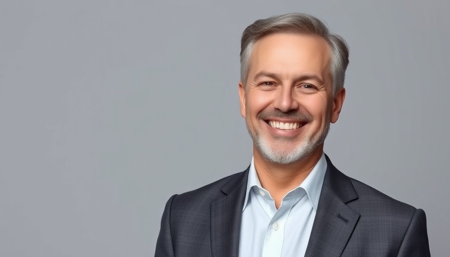 Confident man in suit smiling warmly against a gray background.