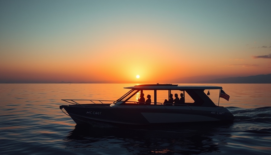 Arc Coast electric boat with passengers at sunset on a calm ocean.
