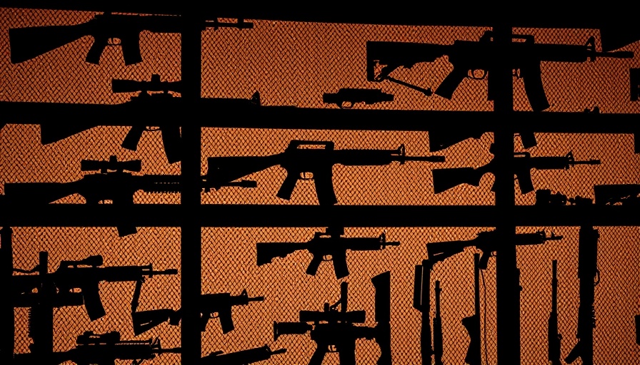 Silhouetted firearms display with rifles against a lit backdrop