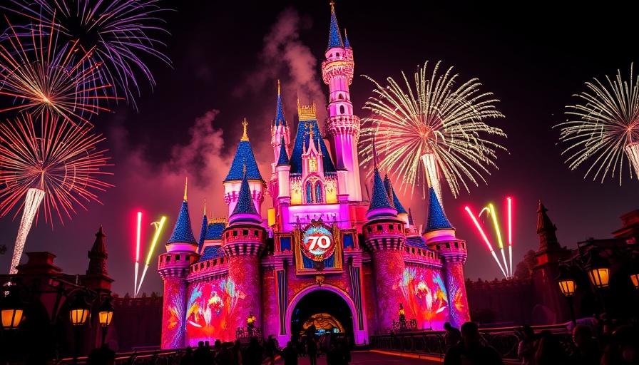 Disneyland 70th anniversary fireworks over illuminated castle.