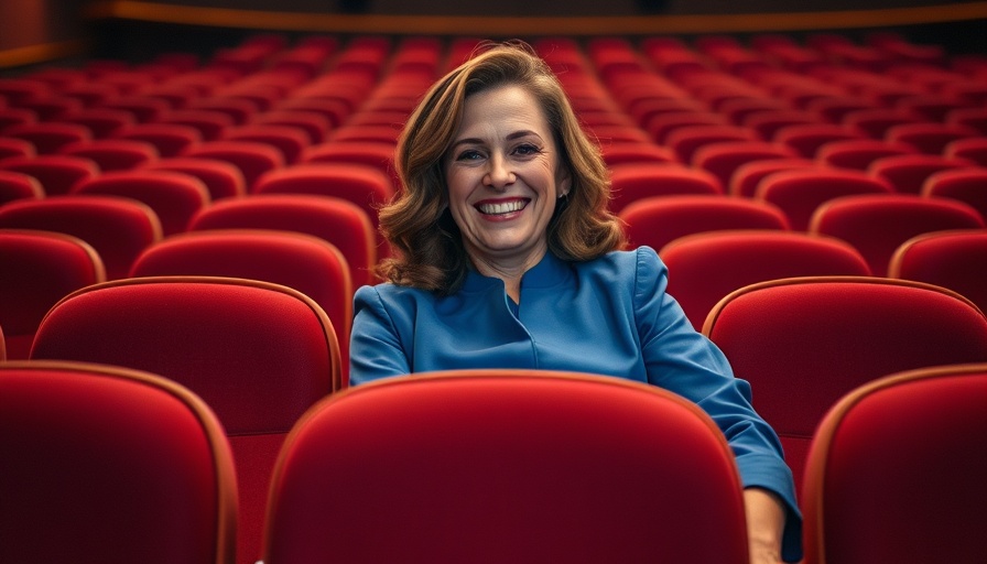 Cheerful woman in blue at Presidio Theatre, smiling in empty seats.