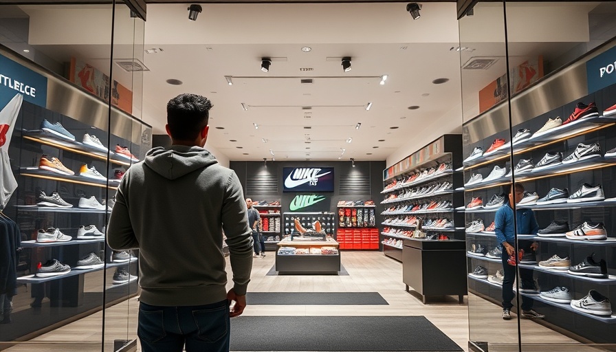 On running shoes store entrance highlighting sales competition with Nike and Adidas.